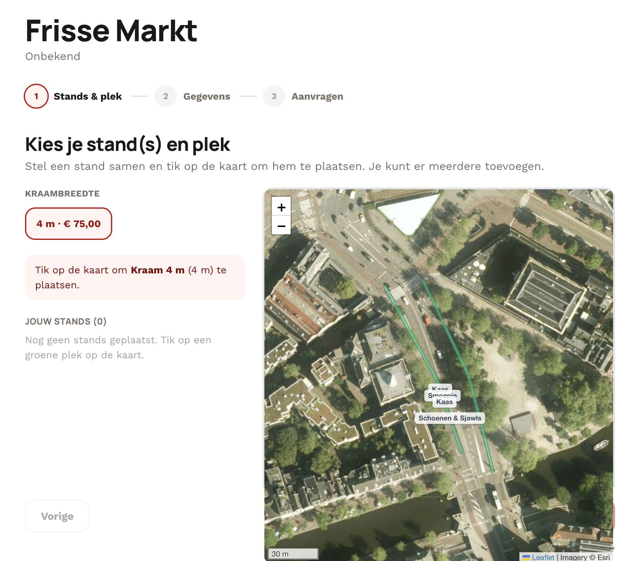 Boekingspagina van de demomarkt Frisse Markt: standhouders kiezen hun stand en plek op de interactieve kaart